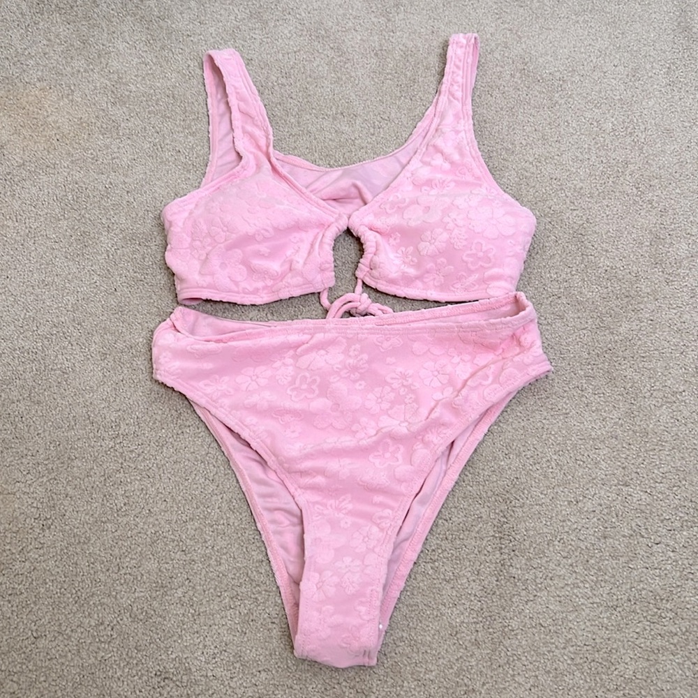 pink fuzzy bikini with floral pattern high waist bottoms